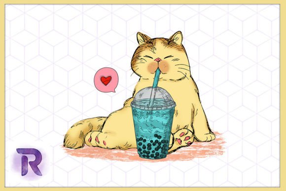 Cute Cat Drinking Boba Milk Tea Embroidery