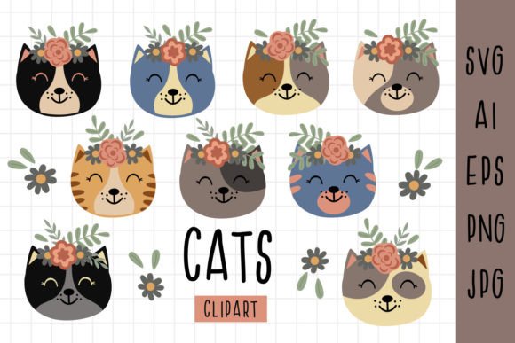 Cute Cat Faces with Flowers Clipart Review